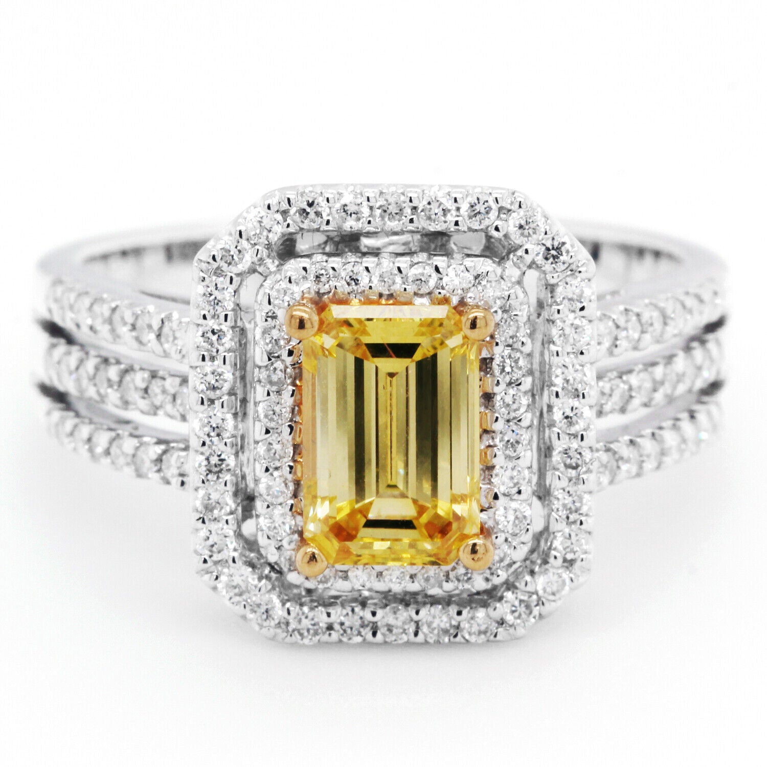 1.50tcw Fancy Yellow Emerald Cut Halo Engagement Ring